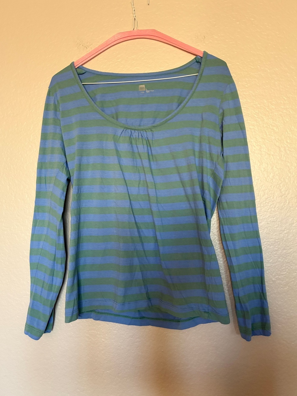 GAP Striped Scoop-Neck Long Sleeve Top Blue Green Size L Y2K Grunge Cottagecore